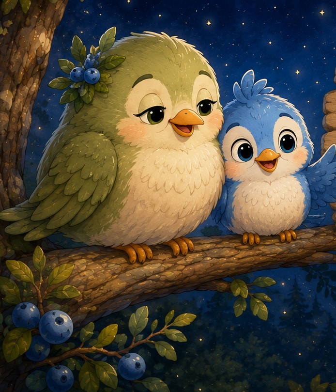 Juniper, a small green wren with juniper berries above her ear, sitting on a branch at night beside Jay, a little blue jay chick.